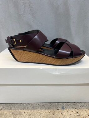United Bamboo Burgundy Leather Wedge Sandals with Ankle Buckle